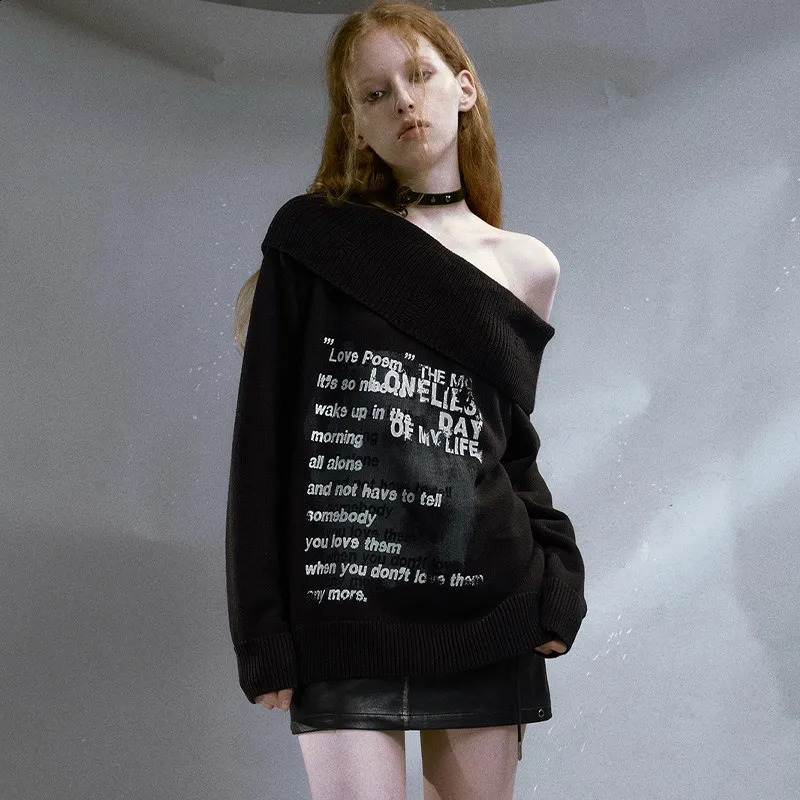 Karrcat Grunge Aesthetics Off Shoulder Pullover Vintage Gothic Graffiti Print Sweater Punk Slash Neck Knitwear American Retro 240812