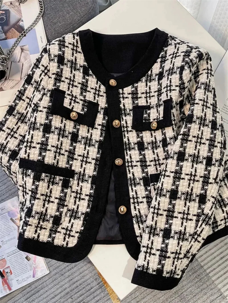 High Quality French Vintage Small Fragrance Tweed Jacket Coat Womens Spring Autumn Casual Fried Street Short Coat Plaid Outwear 240812