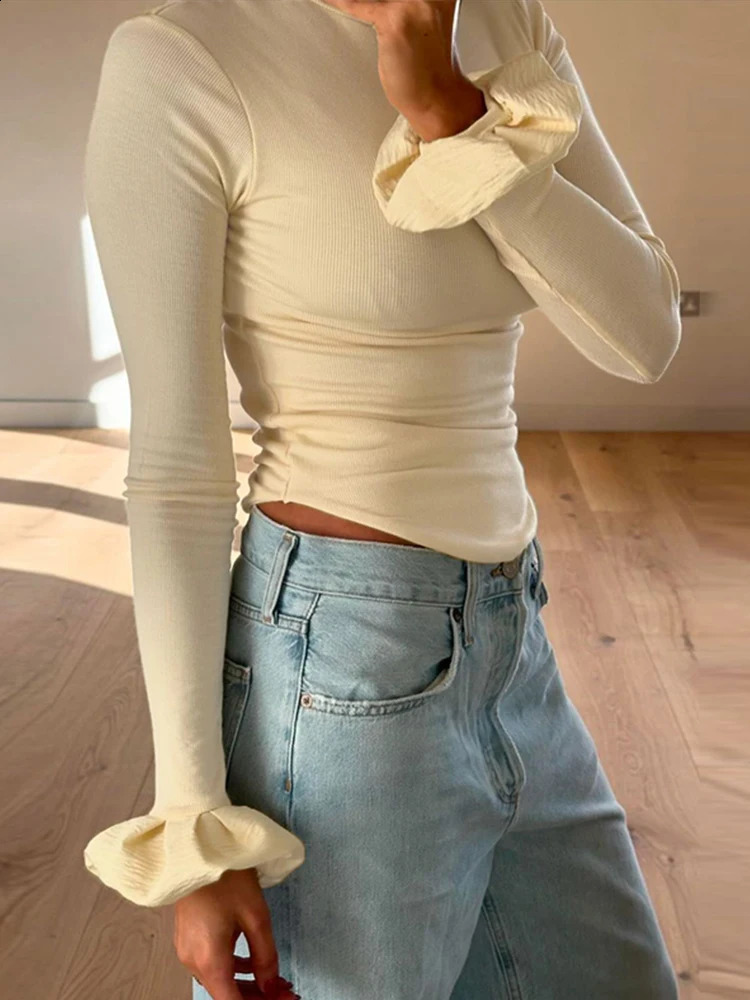 High neck knitted floral womens elegant sweater long sleeved pleated cuffs short minimalist slim fit top 240812