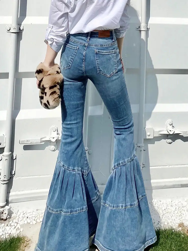 Spring and Autumn Light Color Flared Pants Womens Retro High Waist Splicing Loose Slim Wide Leg Denim Pants y2k jeans 240813