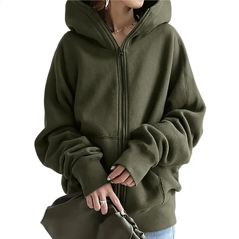 Long Sleeves Pockets Zipper Closure Oversized Mid-length Sweatshirt Jacket Autumn Solid Color Women Hoodie Coat Cardigan 240812