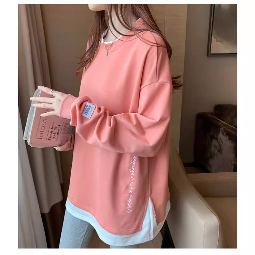 new side slit long sleeved T shirt women round neck pullover fake two piece autumn winter hoodie for women c414c