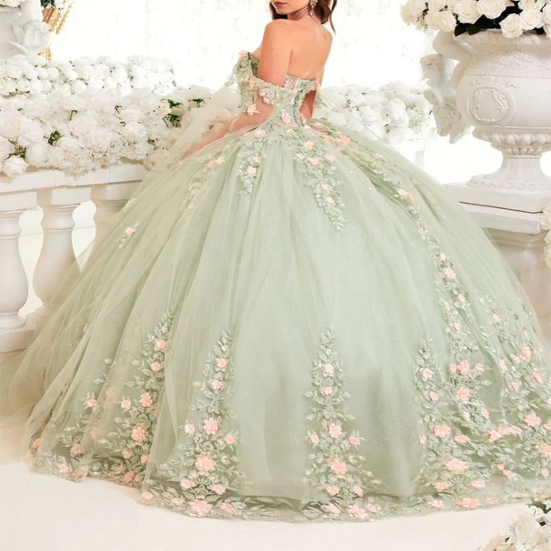Sage Green Princess Quinceanera Dress Ball Gown Applique Lace Beads Tull With Cape Sweet 16 Dress vestidos Birthday Party