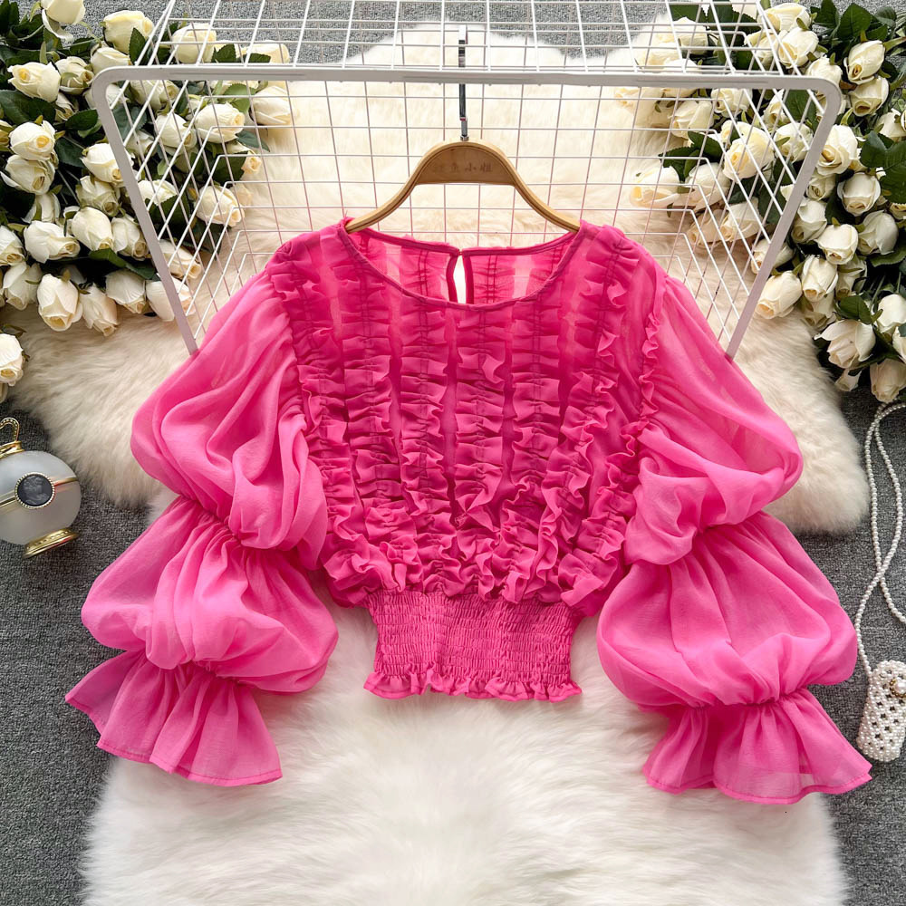 Wind fungus lace design shirt French niche lantern sleeve temperament slim fit short blouse