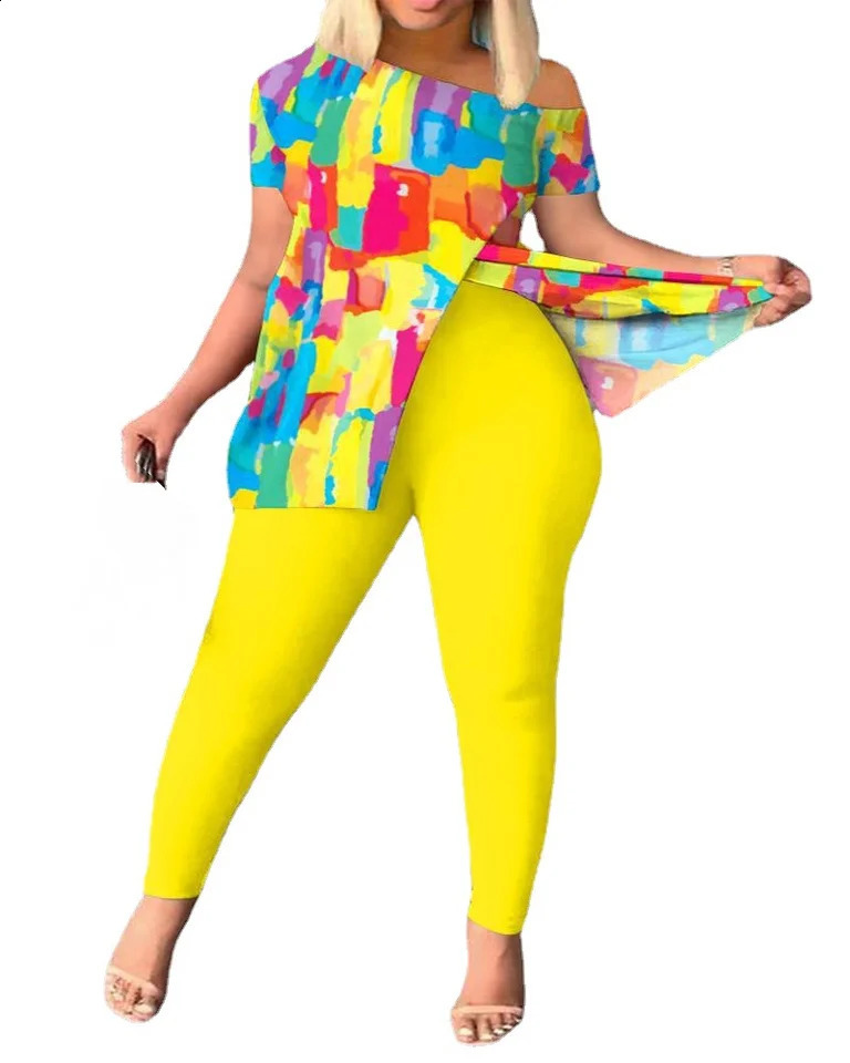 Two Piece Sets Women Outifits Spring Fashion Geometric Print Slant Neck Short Sleeve Hem Slit Top Casual Skinny Pants Set 240813