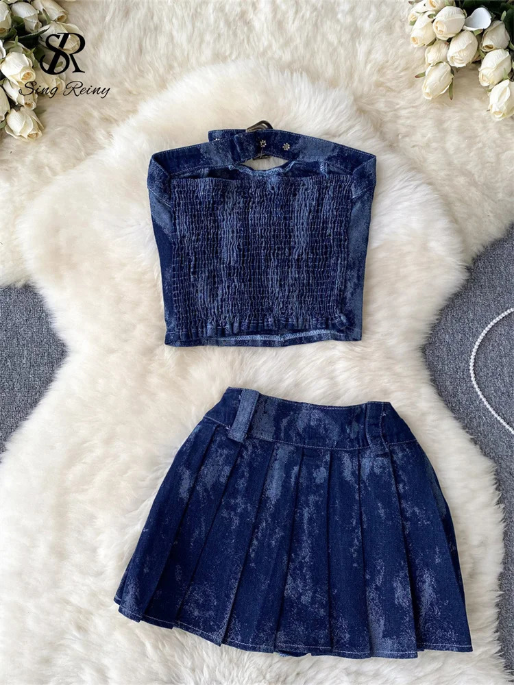 SINGREINY High Street Denin Two Pieces Sets Strapless Backless Mini TopsShort Zipper Pleated Skirt Women Sexy Y2k Senior Suits 240812