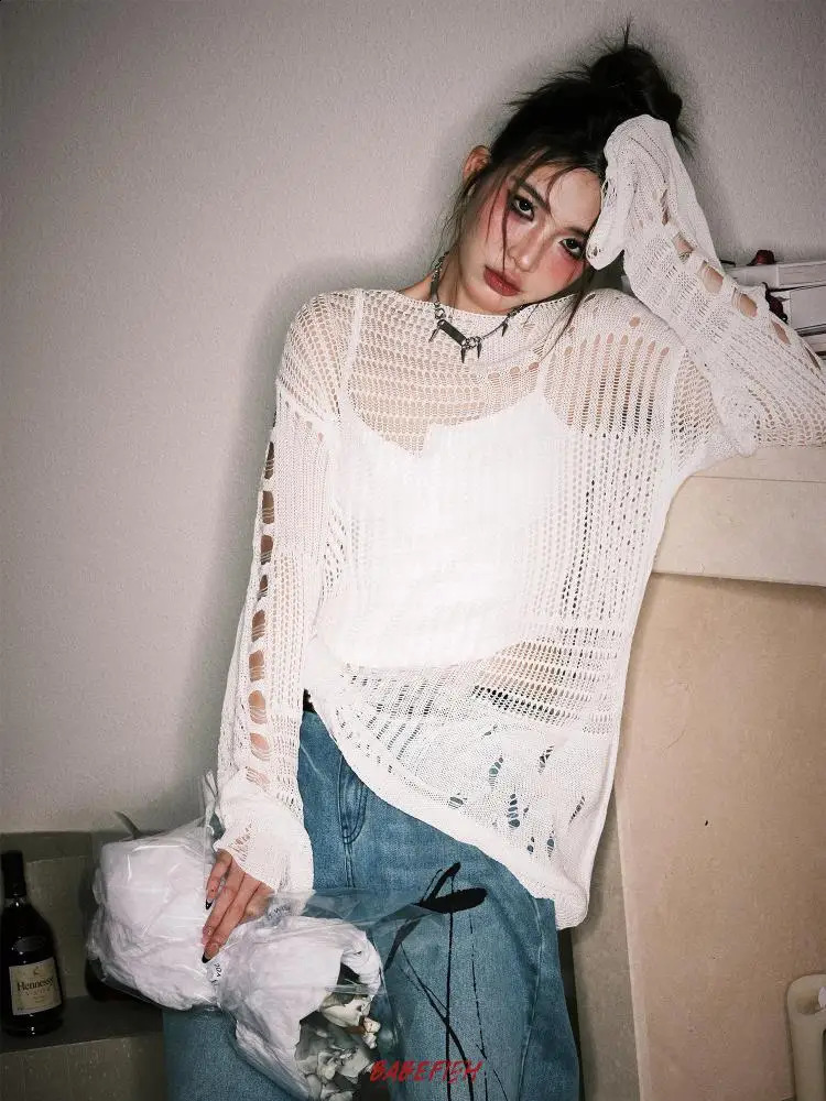 Yedinas Gothic Hollow Out Knitted Pullover Tops Long Sleeve Thin Sweater Women Clothes Spring See Though Ladies Jumper Chic 240812