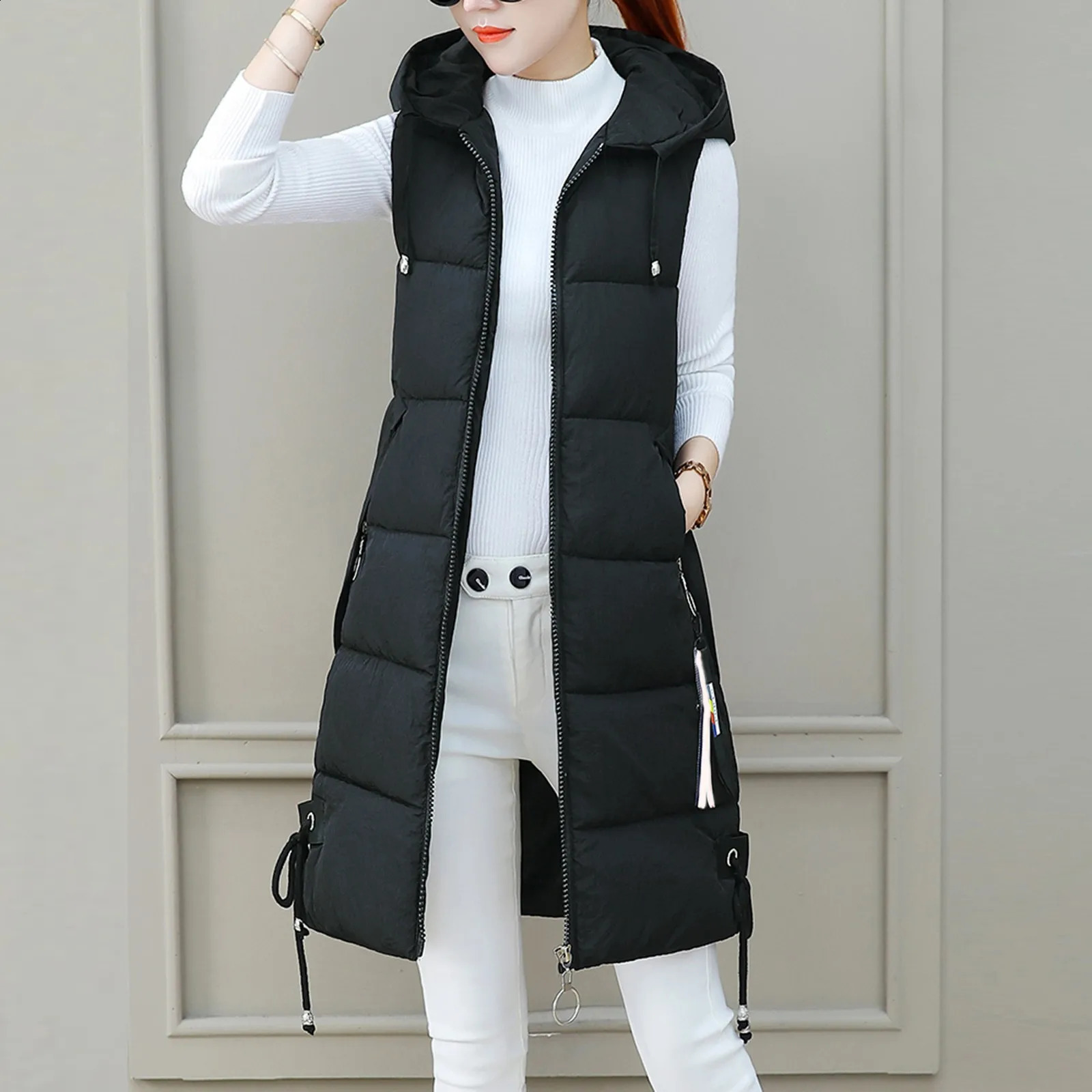 Women Solid Hooded Vest Zipper Pocket Loose Womens Vests Outerwear Sleeveless Jacket Long Coat Vests Woman Winter Coats 240813