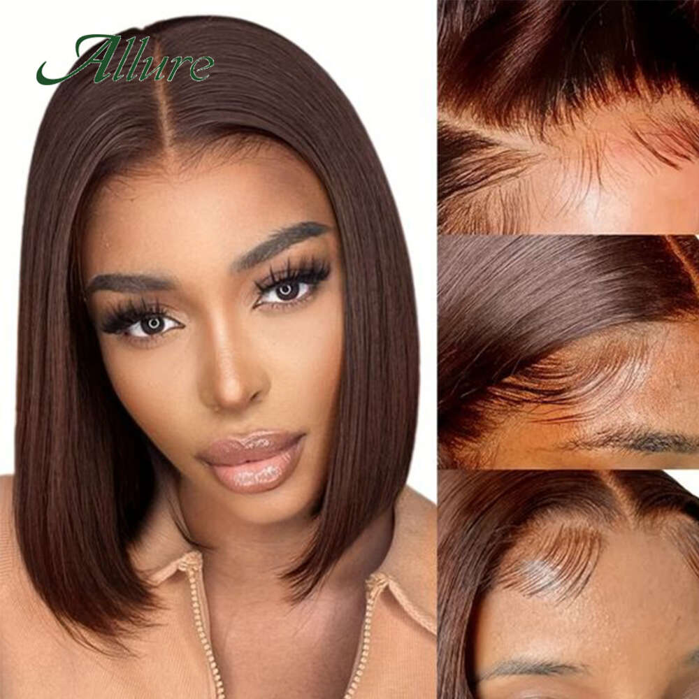 Bone Straight Front Human Hair For Women Short Bob HD Lace Frontal Wig Brown Color Glueless Wigs Allure