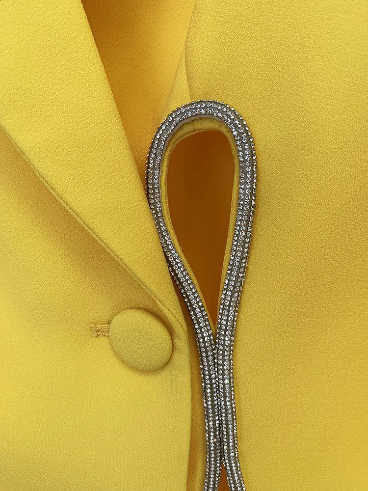 Yellow Diamond Chain Two Piece Suit Coat Womens Set Hollow Wide Leg Pants Elastic Waist