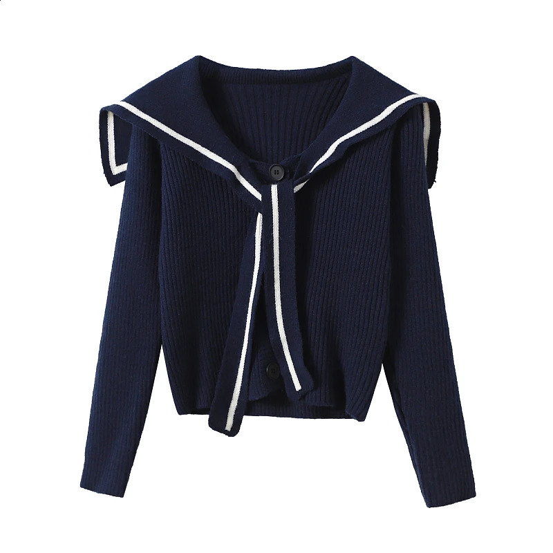Autumn Sailor Collar Cardigan Women Single-breasted Long-sleeved Striped Sweater Casual Fashion Preppy Style Knitwear 240812