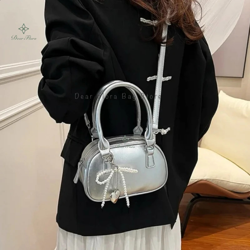 Cute and fashionable womens mini shoulder bag PU leather bow cross body elegant silver party handbag sweet little wallet 240813
