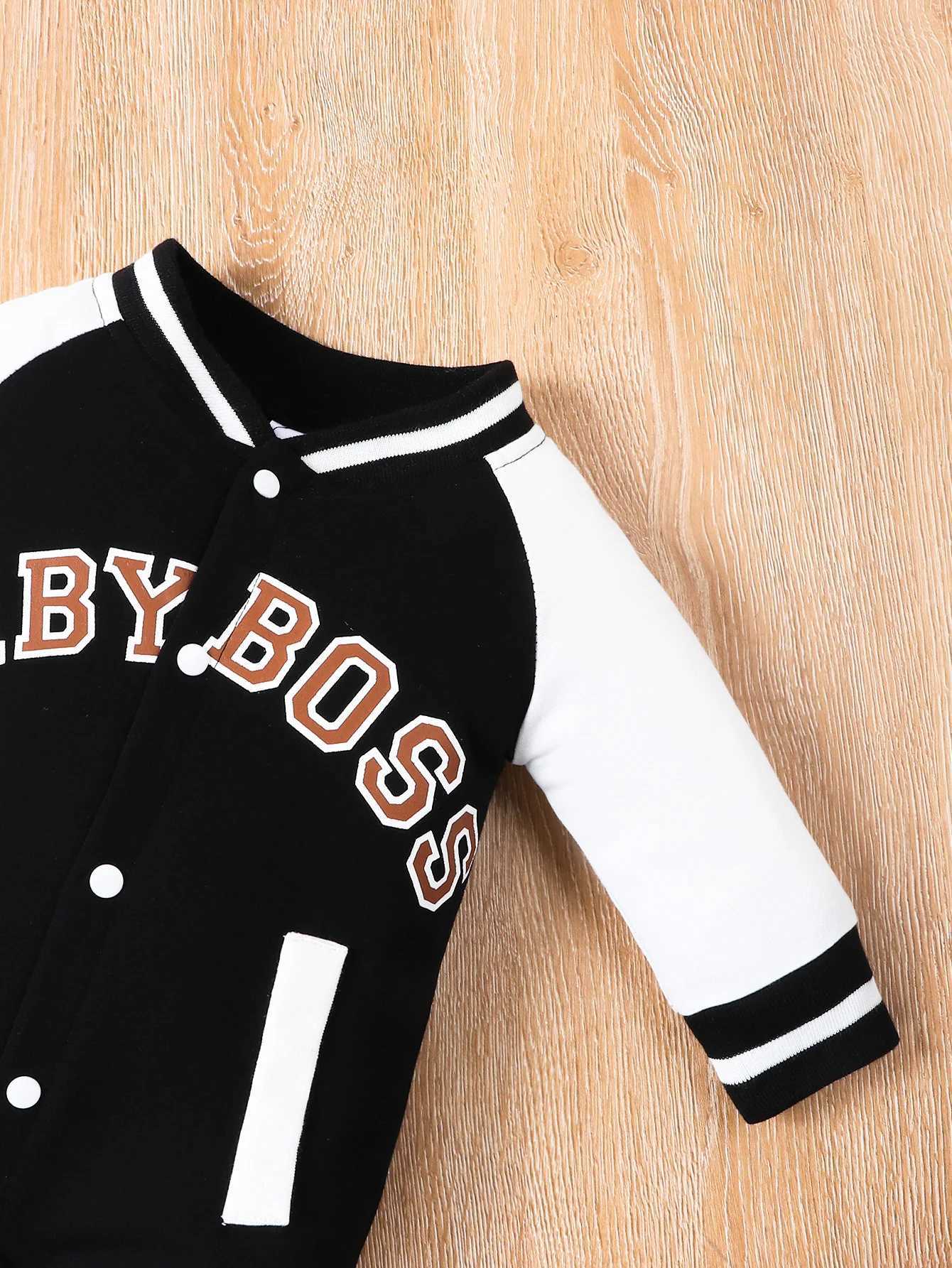 Fashionable letter printed black long sleeved round neck baby jumpsuit W240812