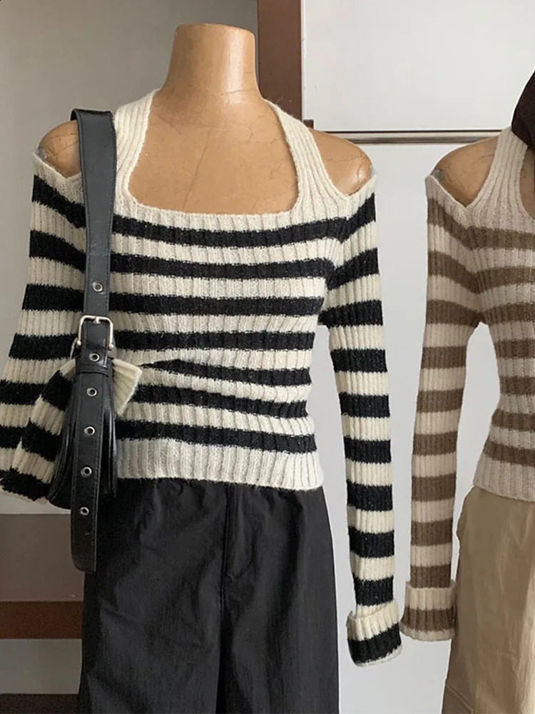 Sweet Preppy Style Classical Striped Sweater Women Halter Knitted Pullover High Street Casual Jumper Japanese Y2k Autumn Winter 240812
