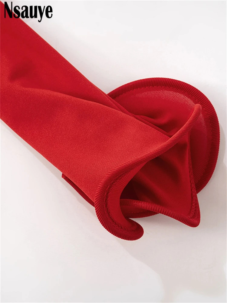 Nsauye womens long sleeved casual sexy streetwear Y2K club fashion Tshirt top ultrathin mini red irregular pleated crop Tees 240812