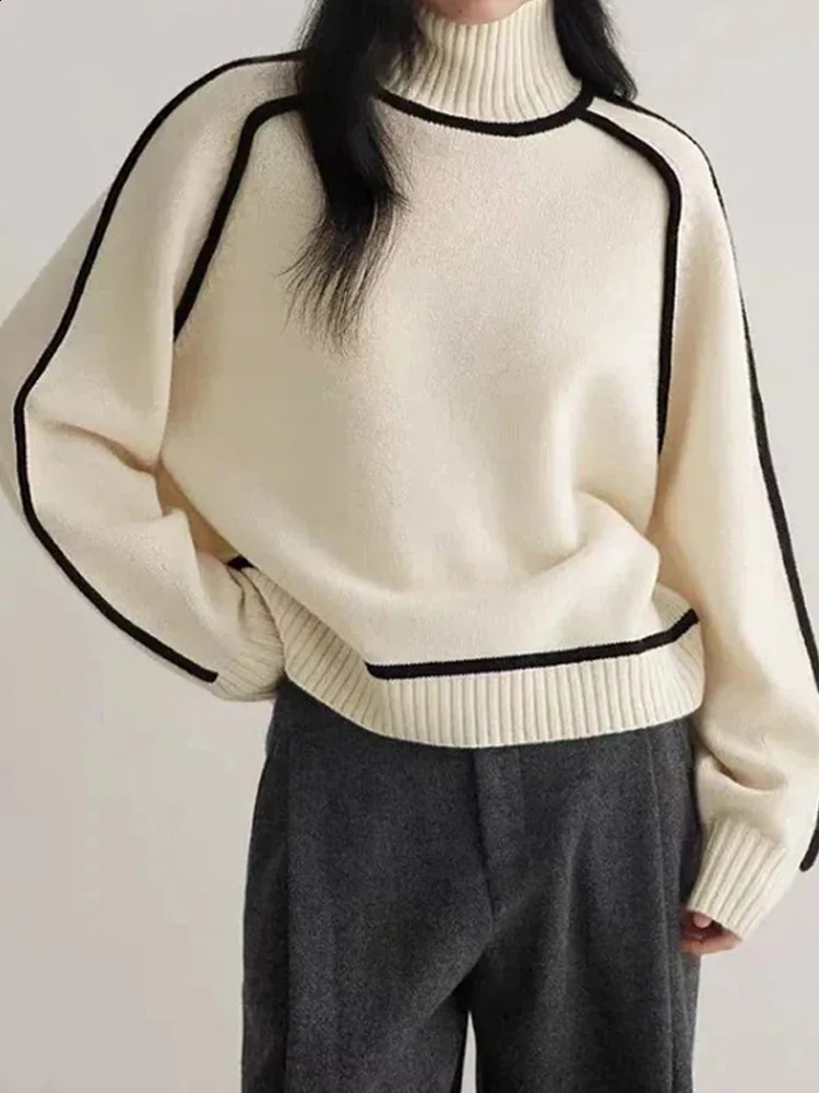 Womens spliced turtle neck knitted sweater with warm and casual thick long sleeves floral patterns autumn womens high street jumper 240812