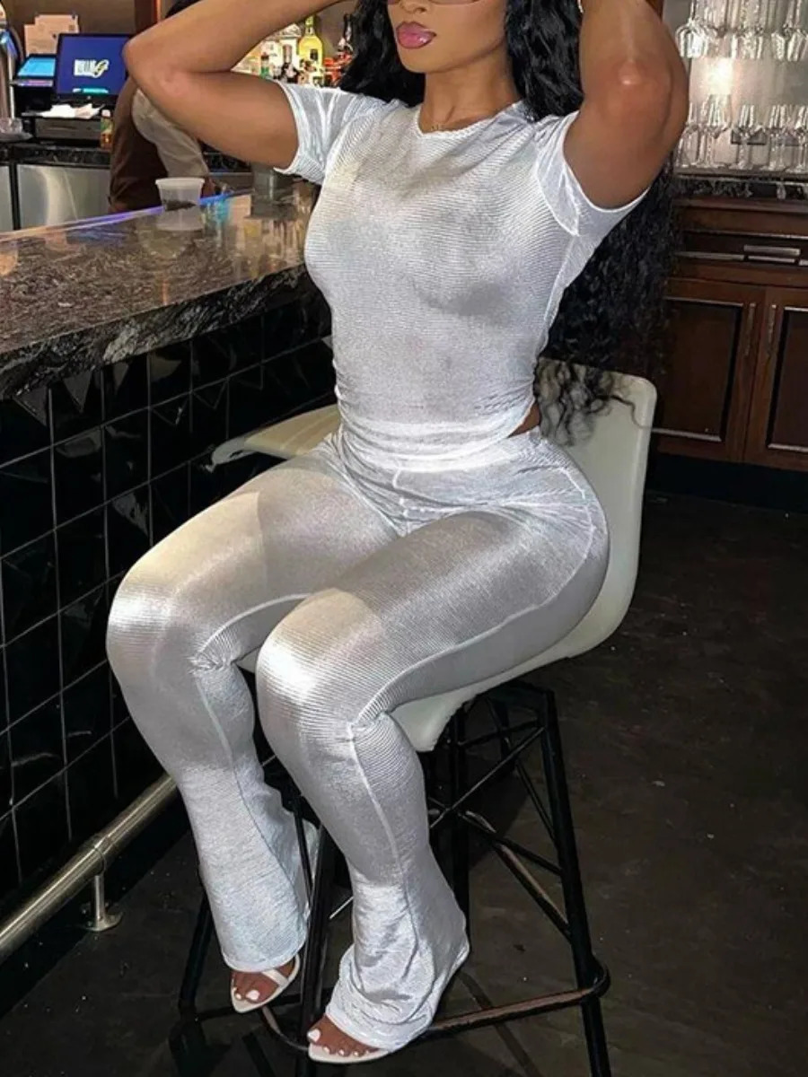 LW BASICS Round Neck Skinny Flared Pants Set Casual Spring Summer Solid Color Short Sleeve Boot Cut Two Pieces Outfit for Women 240813