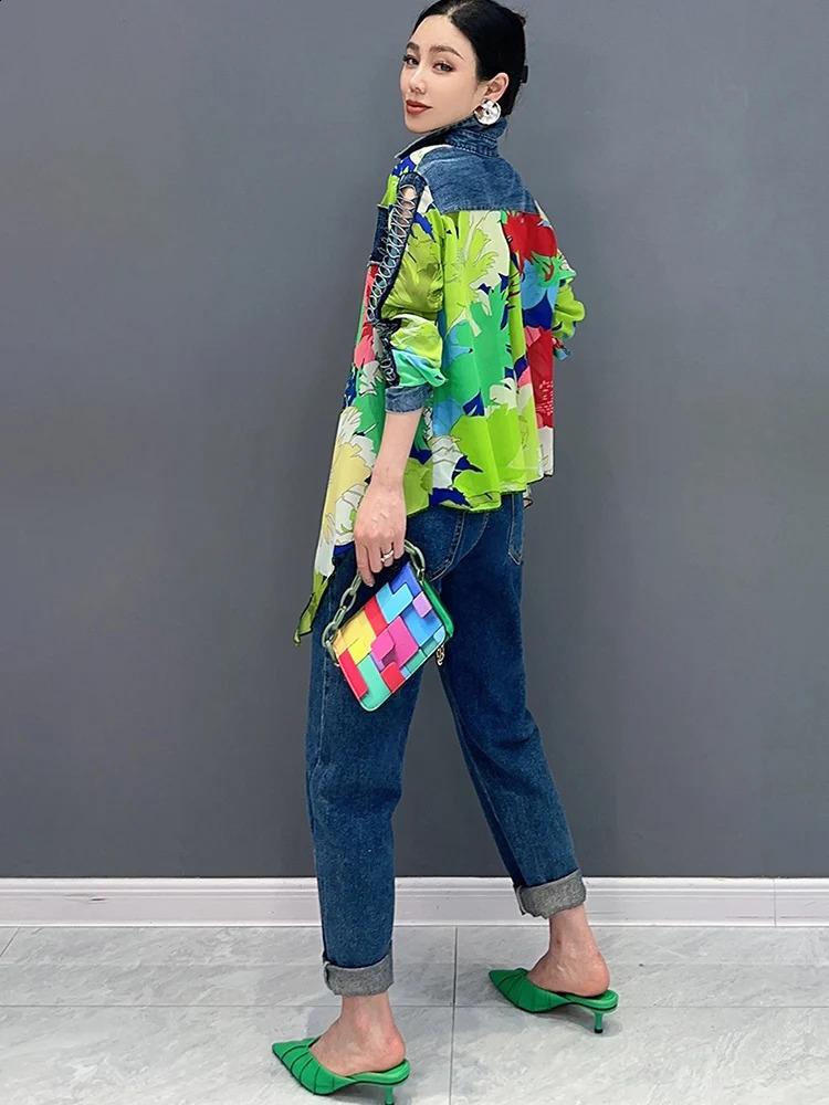 SHENGPALAE Denim Patchwork Chiffon Shirt With Tie Up 2024 Spring Summer Fashion Casual Loose Elegant Womens Clothes Top 5R9738 240812