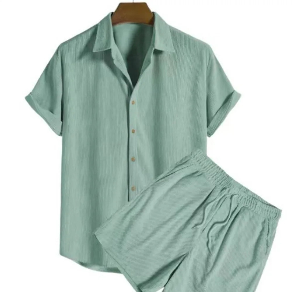 Mens casual loose multicolor beach set Corduroy short sleeved mens twopiece 240812