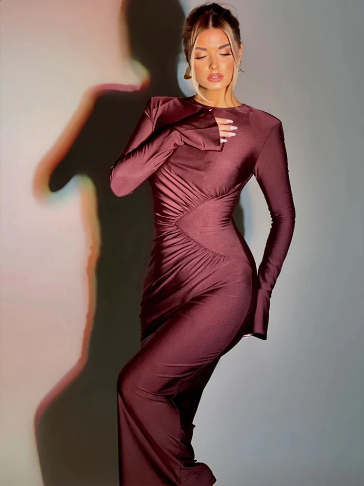 Townlike pleated ultrathin tight dress for women autumn winter nightclub sexy party elegant Maxi long Vestitos 240809