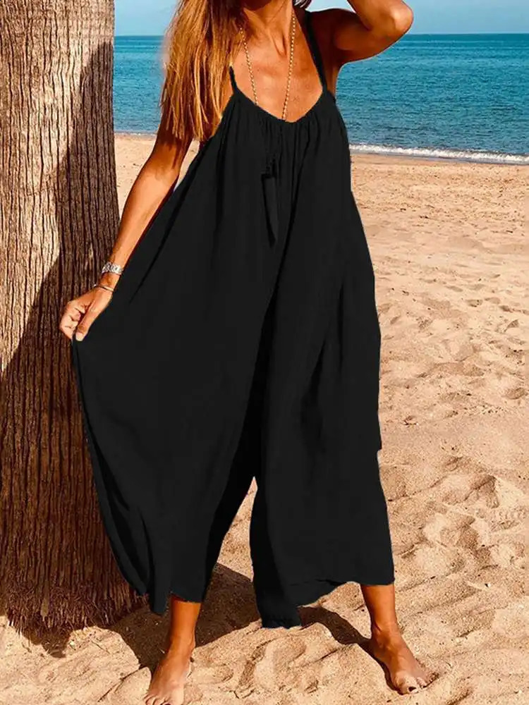 VONDA 2024 Women Summer Sleeveless Jumpsuits Sexy Solid V Neck Long Overalls Loose Playsuits Wide Leg Pants Oversized 240813