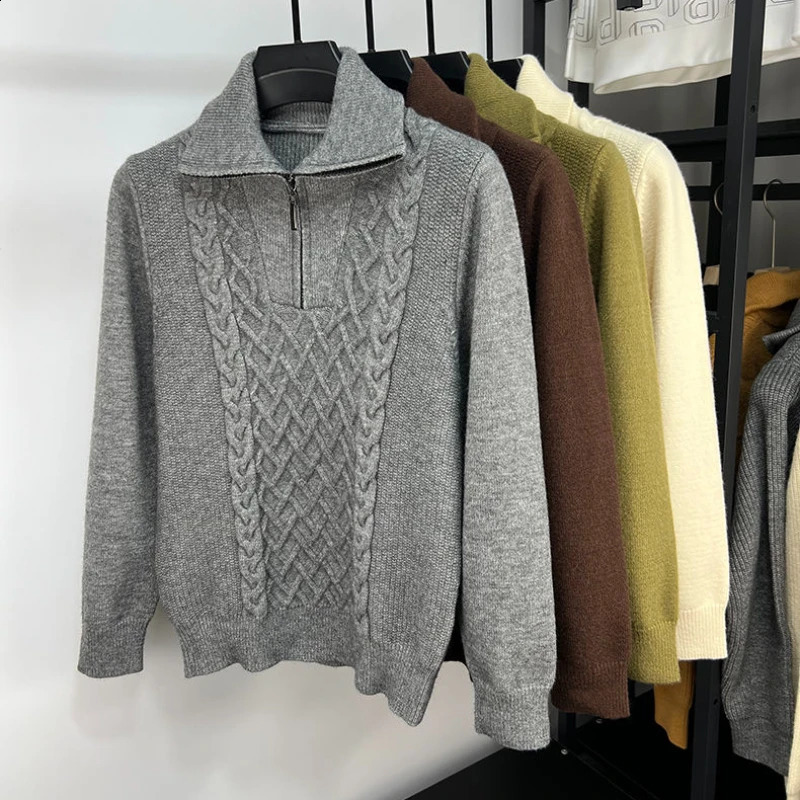 Mens Half Zipper Wool Sweater AutumnWinter Style Casual Fashion Thick Solid Color High Collar Knitted Pulling Flower 240812