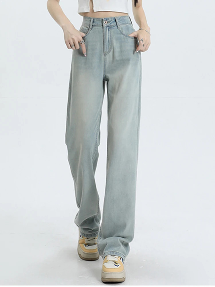 Solid Color Loose Vintage High Waist Slim Straight Women Jeans Summer Classic Full Length Fashion Simple Casual Female Jeans 240813