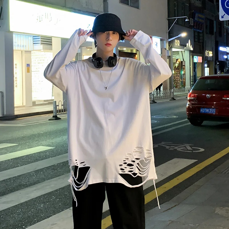 T Shirt for Man Clothing Round Neck Top Solid Color Long Sleeve Social Tee with Harajuku Fashion Ripped T Shirts W48 240812