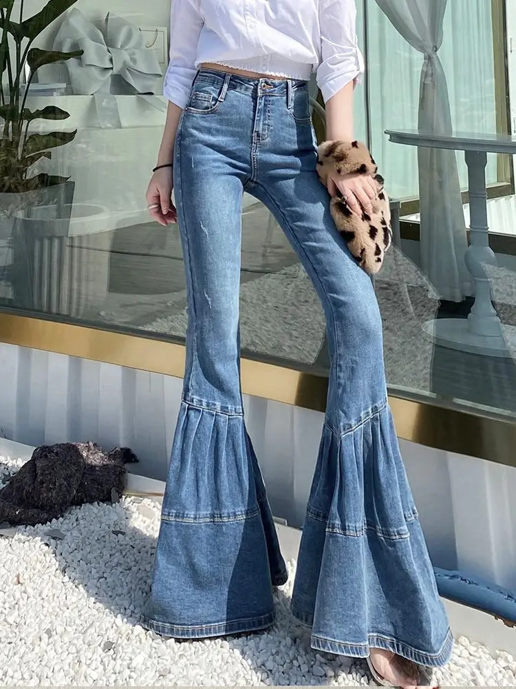 Spring and Autumn Light Color Flared Pants Womens Retro High Waist Splicing Loose Slim Wide Leg Denim Pants y2k jeans 240813