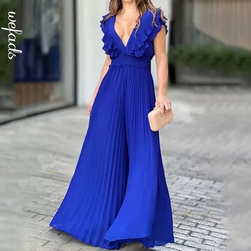 Wefads Jumpsuit Summer Elegant Women Solid Color Sleeveless V Neck Ruffled Backless Nipped Waist Wide Legs Loose Pleated Rompers 240813
