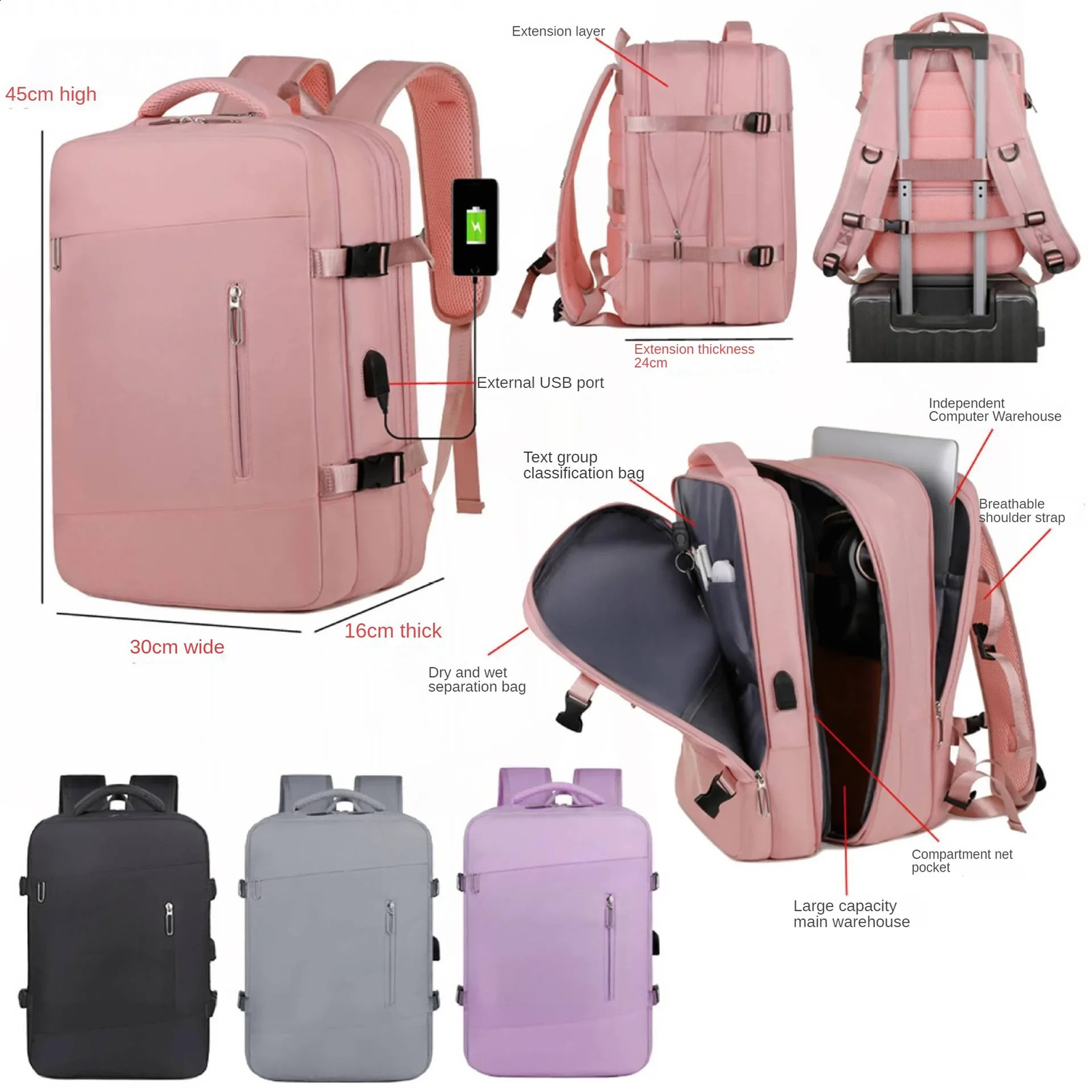 Super Charging Large Capacity Bags Business Multi functional Backpack Expandable Airplane Travel 240813