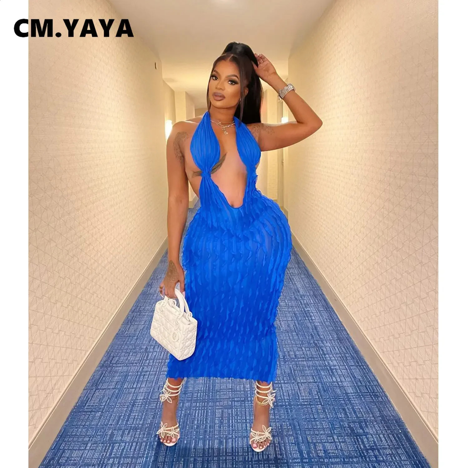 Women Halter Deep V-neck Backless Sleeveless Wave Bodycon Midi Maxi Dress 2024 Summer Street Sexy Party Vestidos Dresses 240812