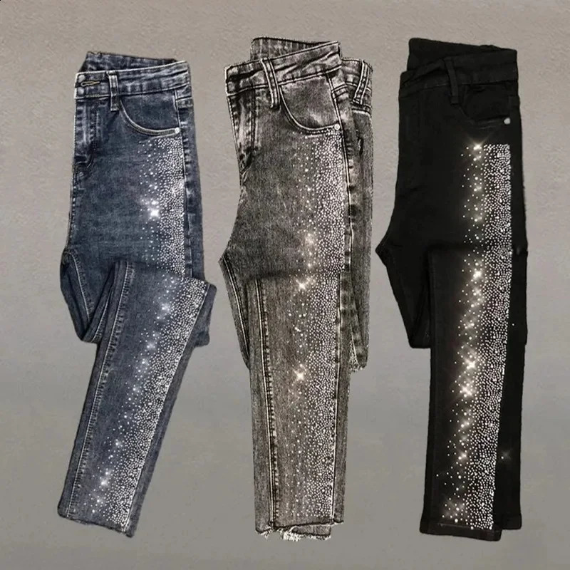 Fashion Rhinestone Jeans Female Spring And Summer Korean Version Of High Waist Slim Elastic Feet Pants Pencil Pants 240813