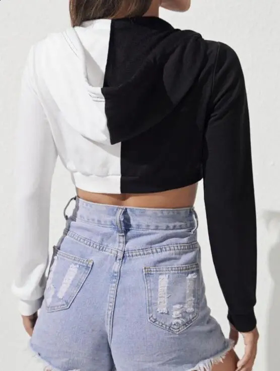Hoodie black and white with color contrast fashion slim short velvet hoodie wear zipper hoodie 240812