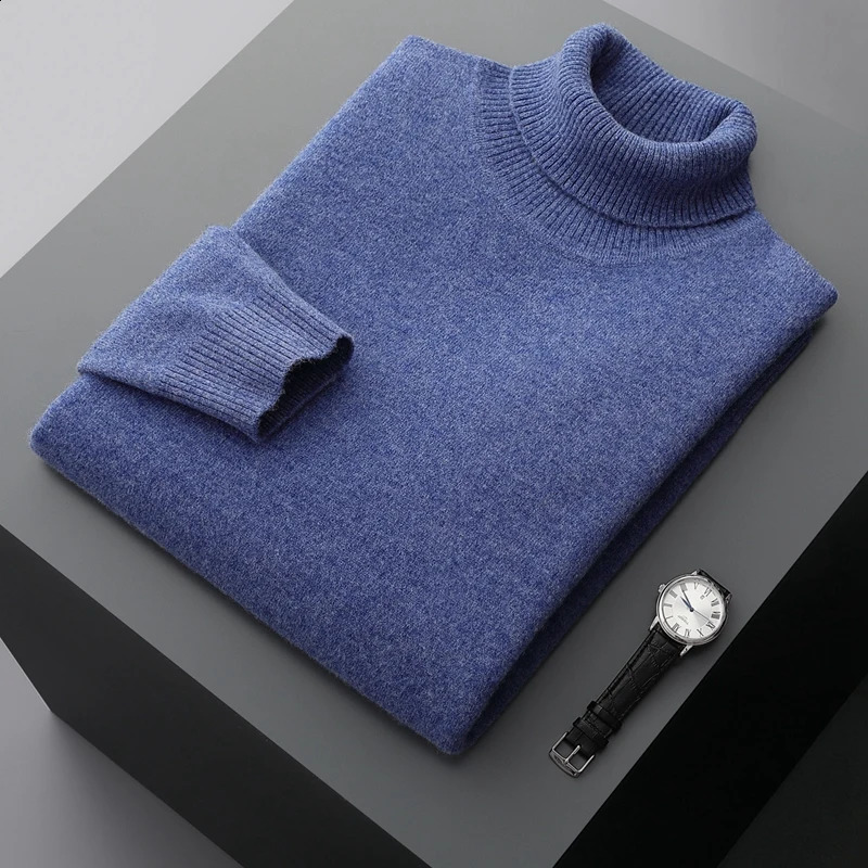 Autumn and Winter 100% Wool Bottom Shirt Mens Thick Collar Sweater Business Cashmere Knitted 240812