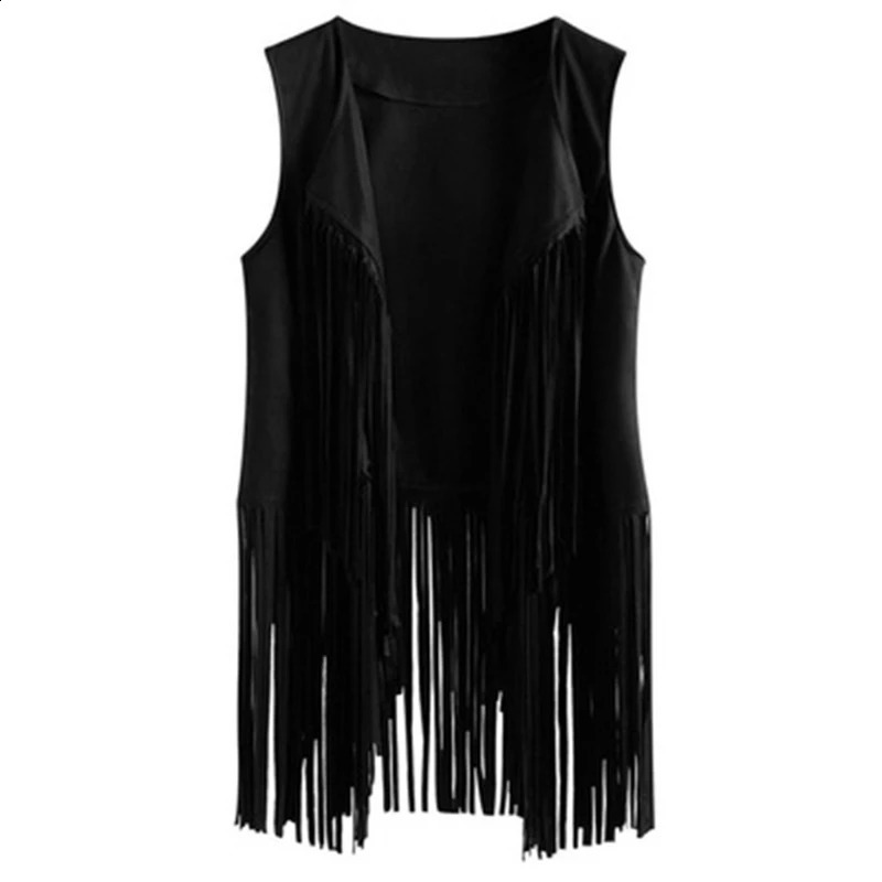 Women Faux Suede Ethnic Sleeveless for Jacket Long Fringe Tassels Hippie Open Front Cardigan Vintage Cowgirl Waistcoat Vest 240813