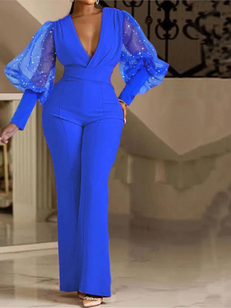 Ladies Elegant Office Jumpsuit Romper For Women High Waist Wedding Overalls Sequins Bodycon Long Sleeve Party Jumpsuit Club 240813