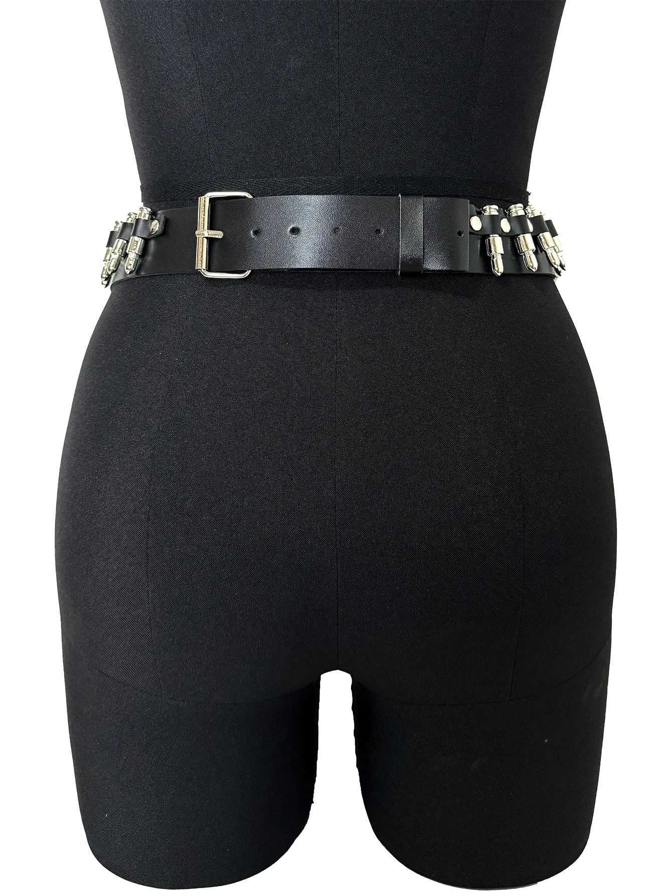 Fashion womens leather bullet decoration belt Gothic punk rock Mustang womens leather waist sealing belt clothing accessories W240807
