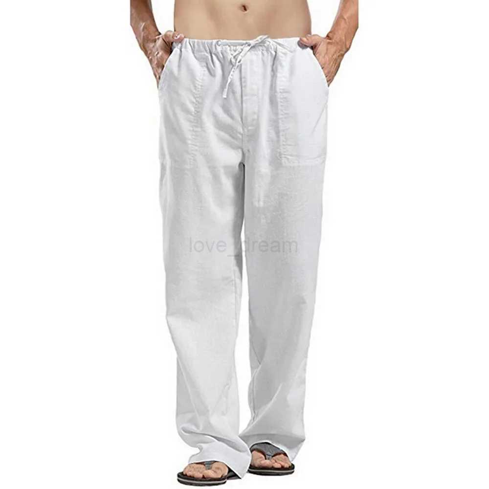 Mens Cotton Linen Pants Multiple Pockets Linen Breathable Pants Elastic Waist Fitness Joggers Trousers Casual Loose SweatpantsXJ240813