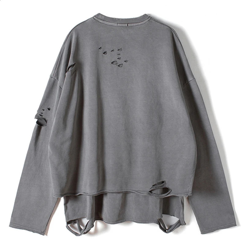 ELKMU Vintage Streetwear Hole Sweatshirt Men Fashion Autumn Two Layers Pullover Solid Color Harajuku Cotton Tops Oversized 240812