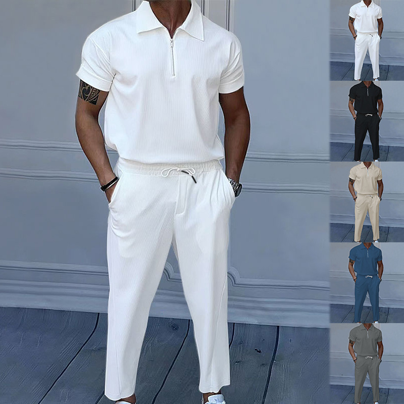Summer European and American mens solid color suit lapel short sleeve zipper trouser 240812