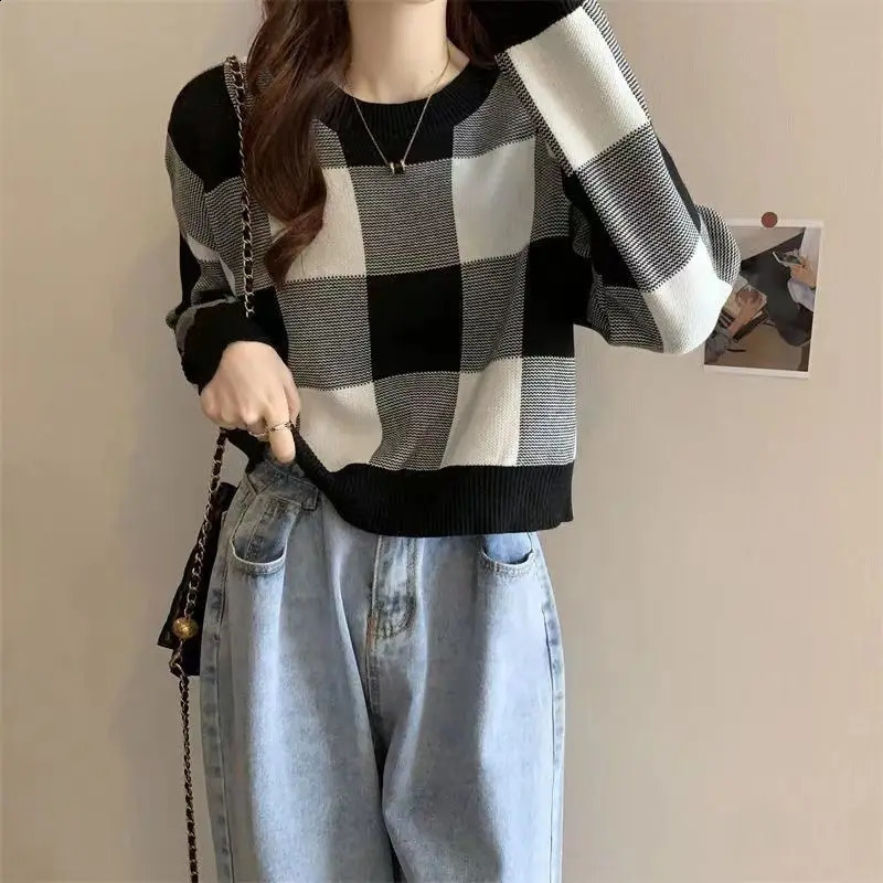Retro Womens Autumn Spliced Pullover O-Neck Fashion Solid Color Sweater Loose All-match Casual Long Sleeved Knitted Tops 240812