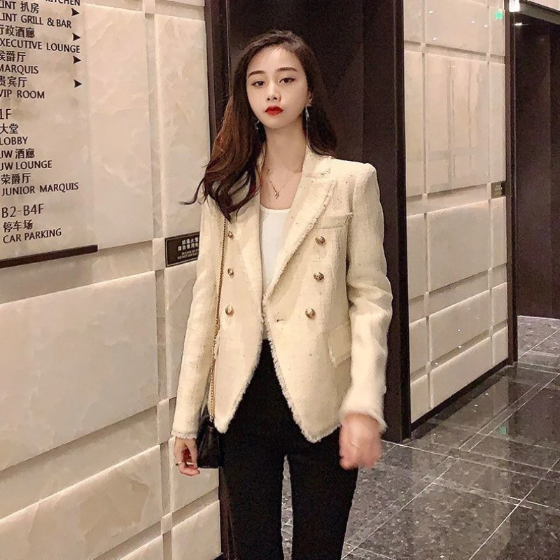 Classic Cropped Blazers for Women Jacket Spring Autumn Korean Fashion Double Breasted Tweed Suit Coats Slim Fit Vintage Top 240812