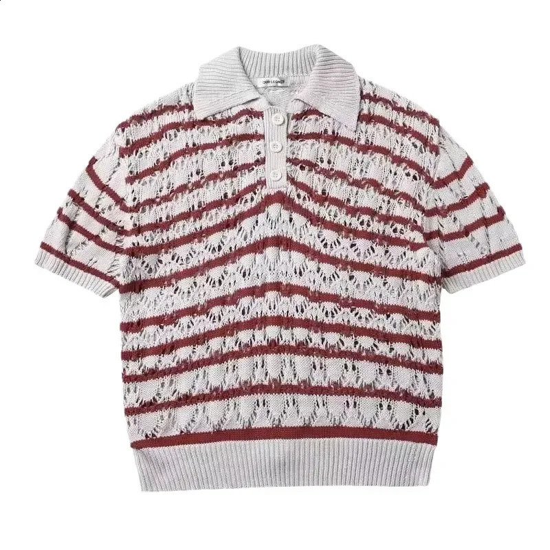 Summer Retro Stripe Knitted Hollow Polo Sweater Flip Collar Casual Mens Loose Short Sleeve Trend 240812