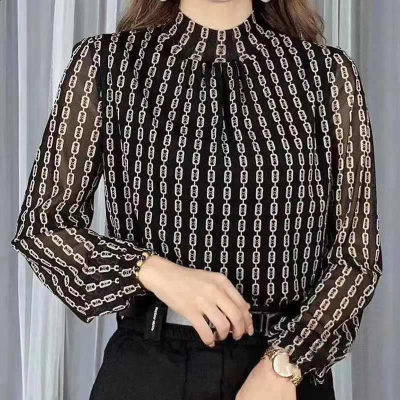SpringAutumn Half High Collar Plain Fashion Printed Tshirt Patch Work Womens Clothing Long Sleeve Gauze Zipper 240812