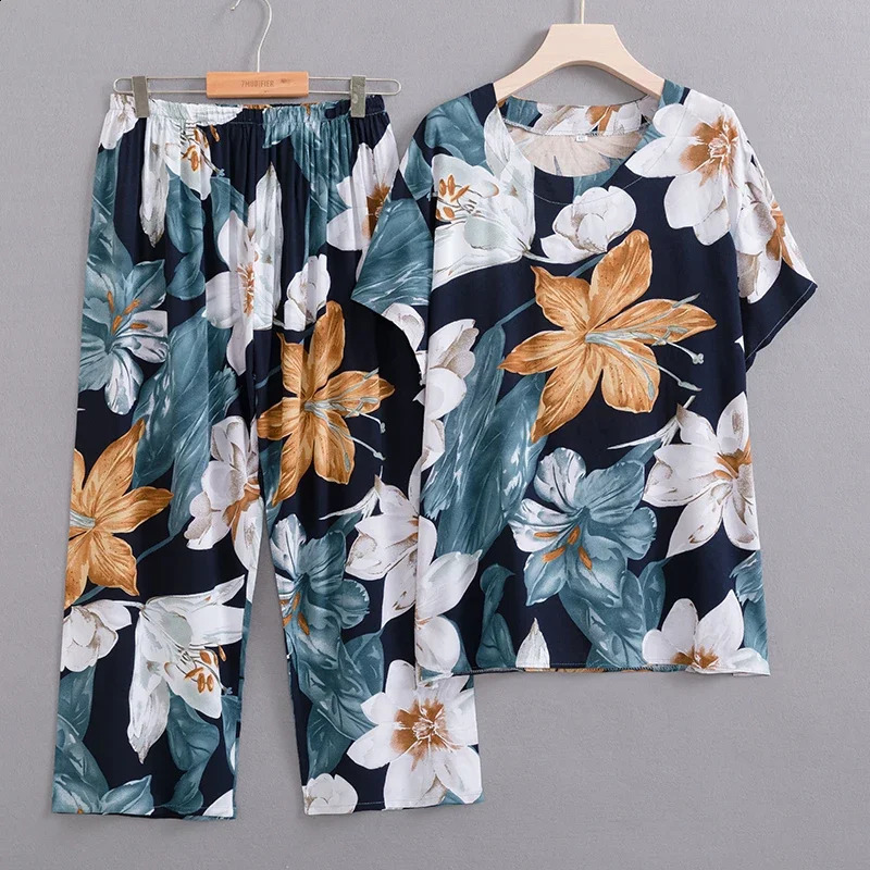 Summer Two Piece Set for Women Clothing Casual Print Oversize Trouser Sets Summer Middle Aged Womens Top and Pants 240813
