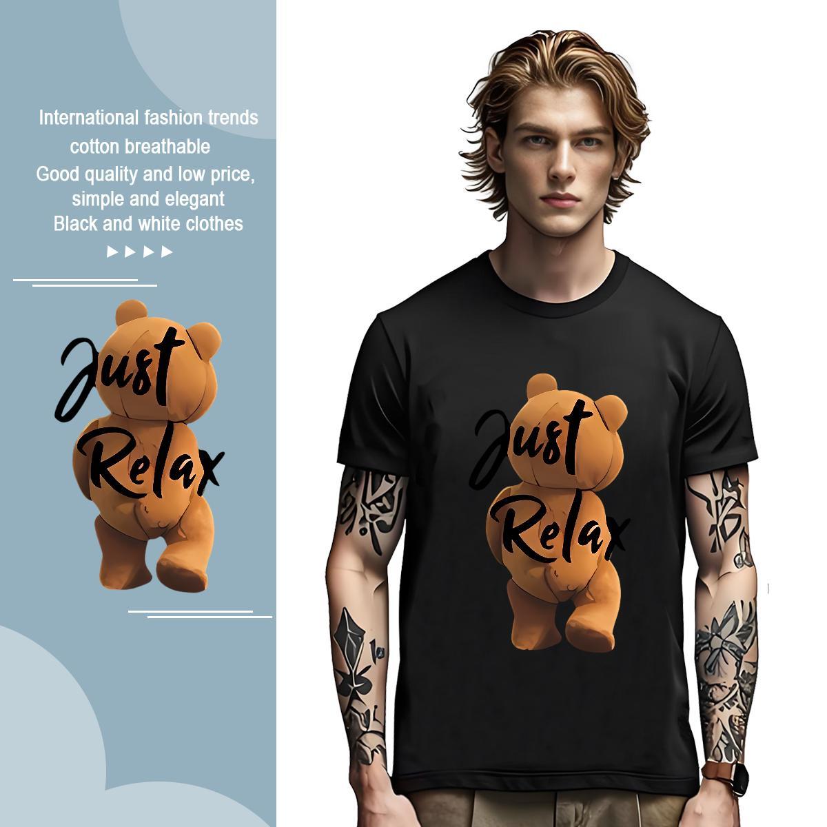 Loose T-Shirts for Men bear O Neck Short Sleeves Sport Black Oversized 230g 100% Cotton Men Tees Fashion New Wear