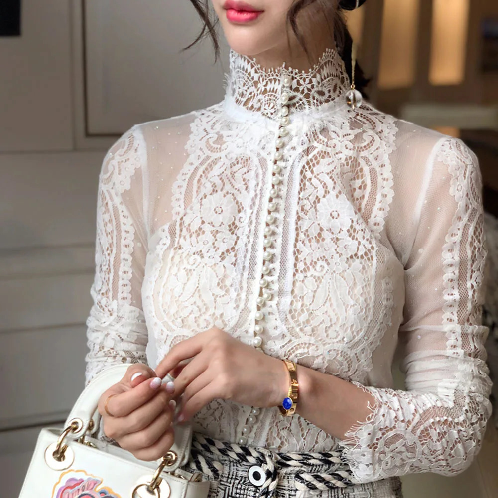 Blusas Mujer De Moda Slim Women Shirt Elegant Pearl Blouse Lady Long Sleeve Turtleneck Lace Shirts Autumn Korean Sexy Hollow Top 240813