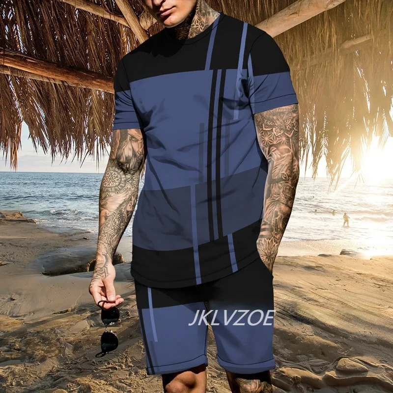 Summer mens 3D printed T-shirt set two-piece mens T-shirt short sleevedshorts casual sports set 240813
