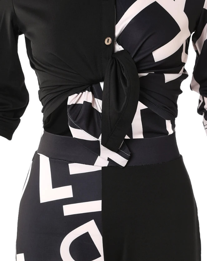 Female Casual Clothing Letter Print Colorblock Knotted Top High Waist Pants Set Commuting Womens Fashion Two Piece Outfits 240813
